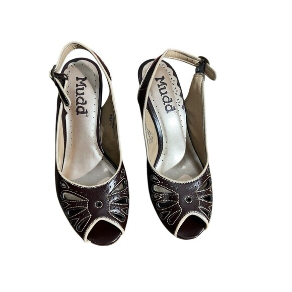 Mudd Slingback Peep Toe Heels 7.5M Brown Cutout Retro Stacked Heel Office Siren - Picture 2 of 16